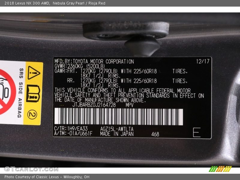 2018 NX 300 AWD Nebula Gray Pearl Color Code 1H9