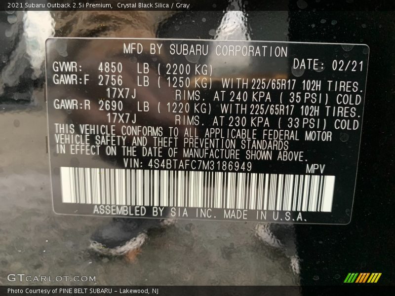Crystal Black Silica / Gray 2021 Subaru Outback 2.5i Premium