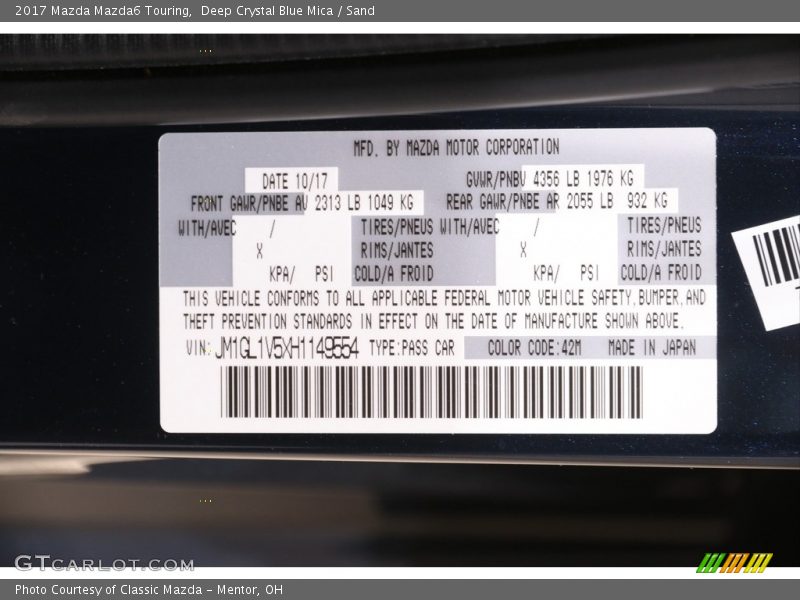 Deep Crystal Blue Mica / Sand 2017 Mazda Mazda6 Touring