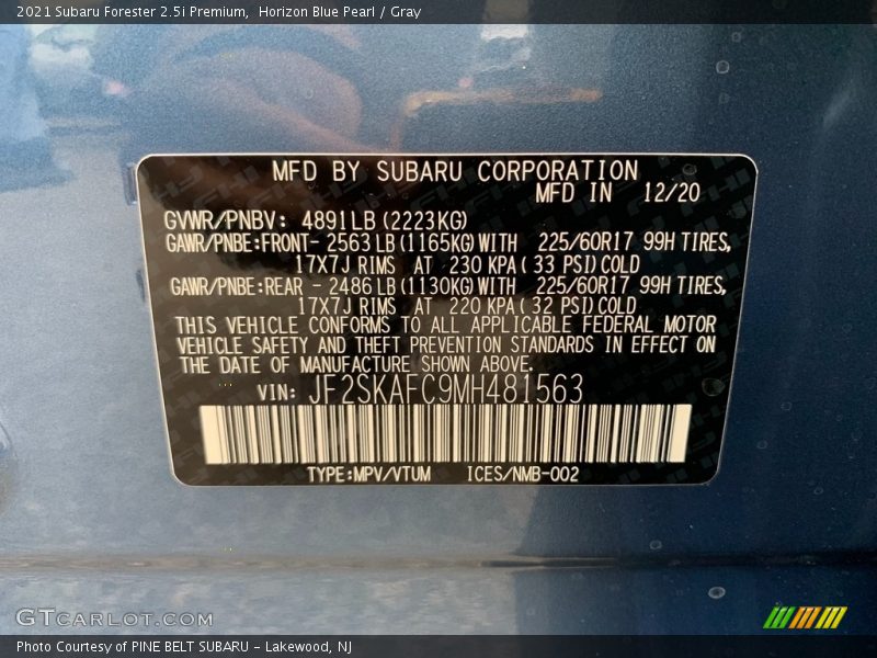 Horizon Blue Pearl / Gray 2021 Subaru Forester 2.5i Premium