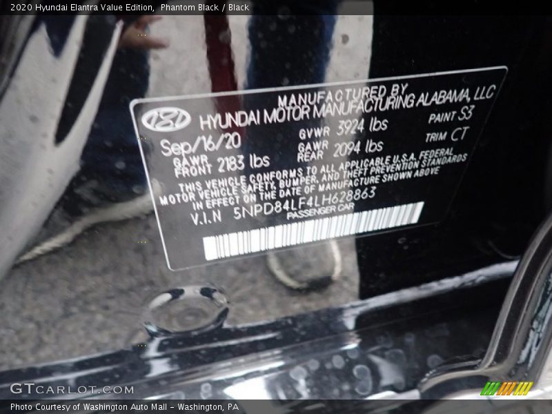 Phantom Black / Black 2020 Hyundai Elantra Value Edition