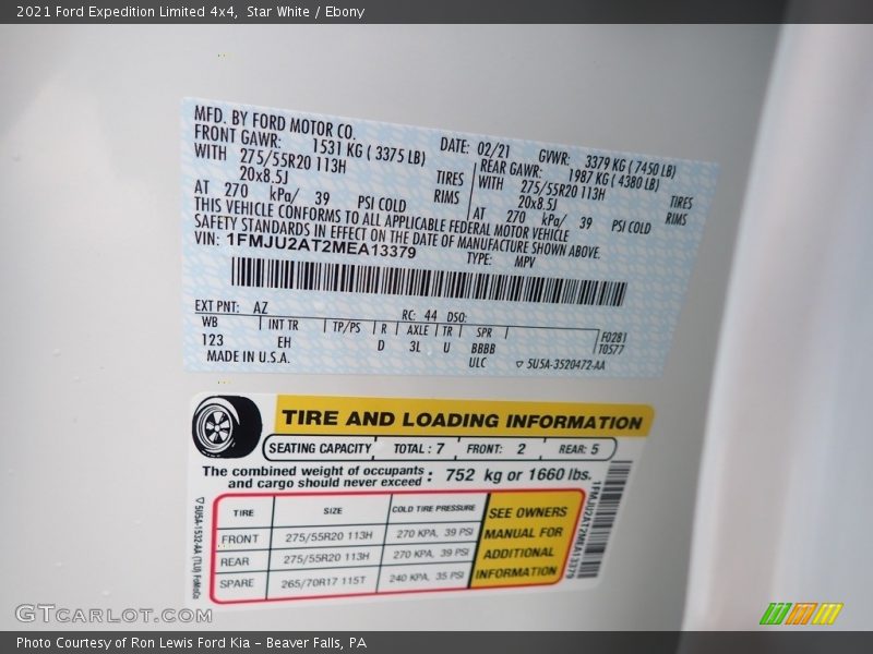 2021 Expedition Limited 4x4 Star White Color Code AZ