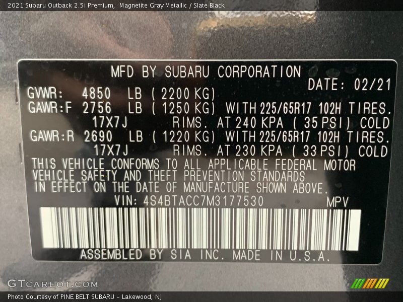 Magnetite Gray Metallic / Slate Black 2021 Subaru Outback 2.5i Premium