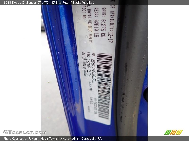 B5 Blue Pearl / Black/Ruby Red 2018 Dodge Challenger GT AWD