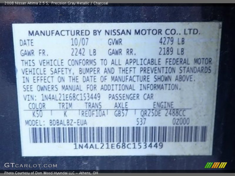 Precision Gray Metallic / Charcoal 2008 Nissan Altima 2.5 S