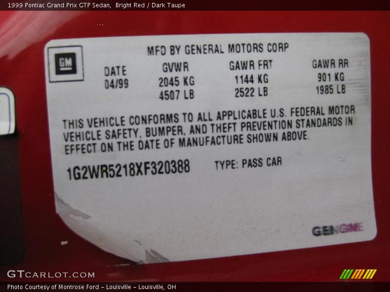 Bright Red / Dark Taupe 1999 Pontiac Grand Prix GTP Sedan