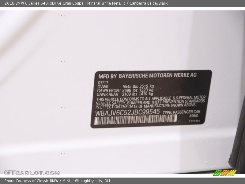 2018 6 Series 640i xDrive Gran Coupe Mineral White Metallic Color Code A96