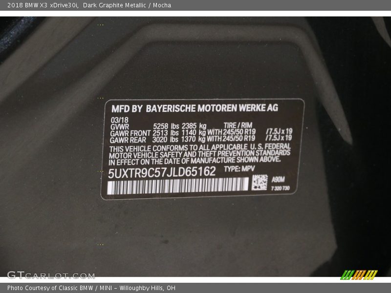 Dark Graphite Metallic / Mocha 2018 BMW X3 xDrive30i