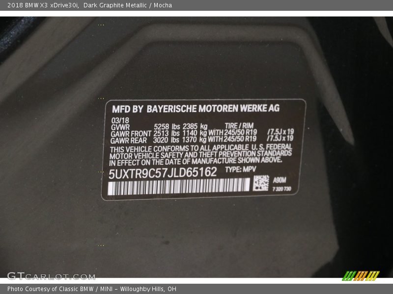 Dark Graphite Metallic / Mocha 2018 BMW X3 xDrive30i
