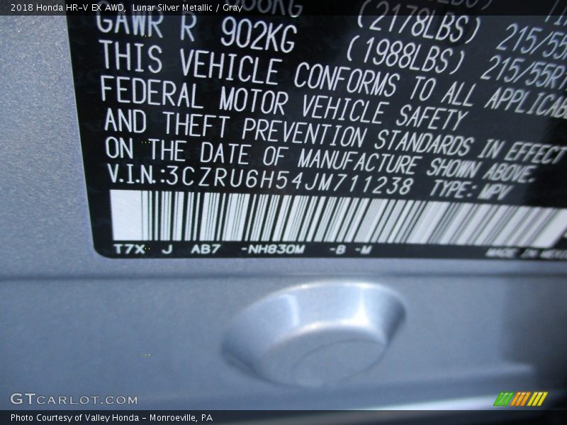 Lunar Silver Metallic / Gray 2018 Honda HR-V EX AWD