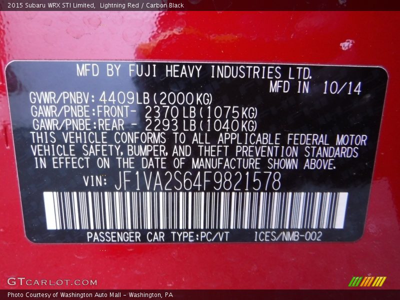 Lightning Red / Carbon Black 2015 Subaru WRX STI Limited