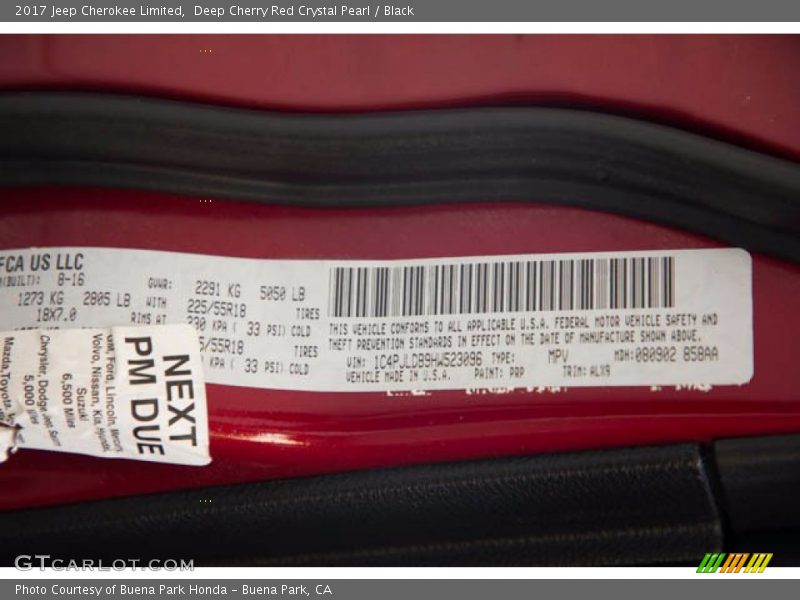 2017 Cherokee Limited Deep Cherry Red Crystal Pearl Color Code PRP