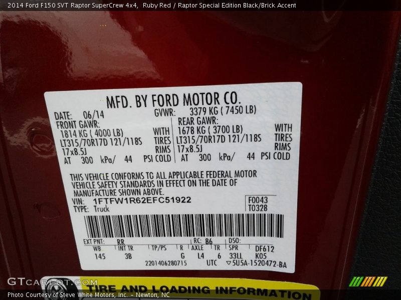 Ruby Red / Raptor Special Edition Black/Brick Accent 2014 Ford F150 SVT Raptor SuperCrew 4x4