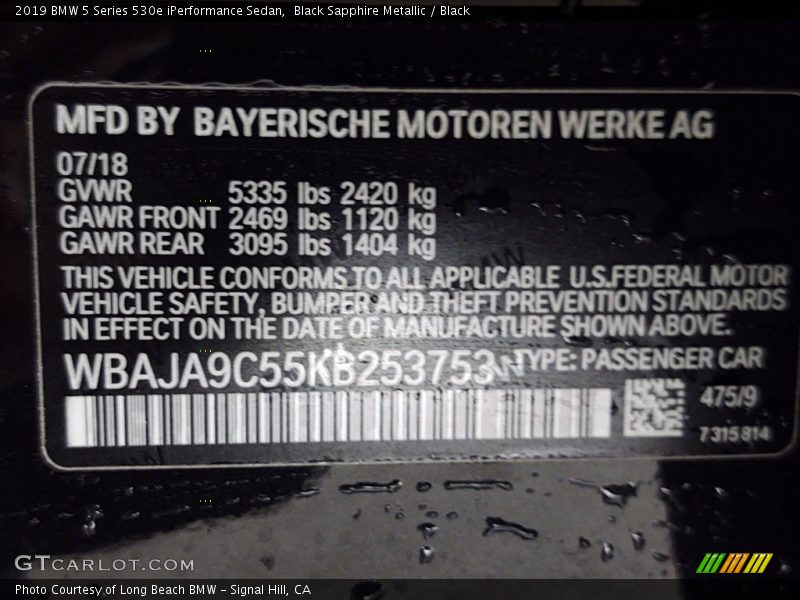 2019 5 Series 530e iPerformance Sedan Black Sapphire Metallic Color Code 475