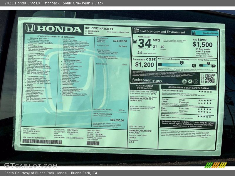  2021 Civic EX Hatchback Window Sticker