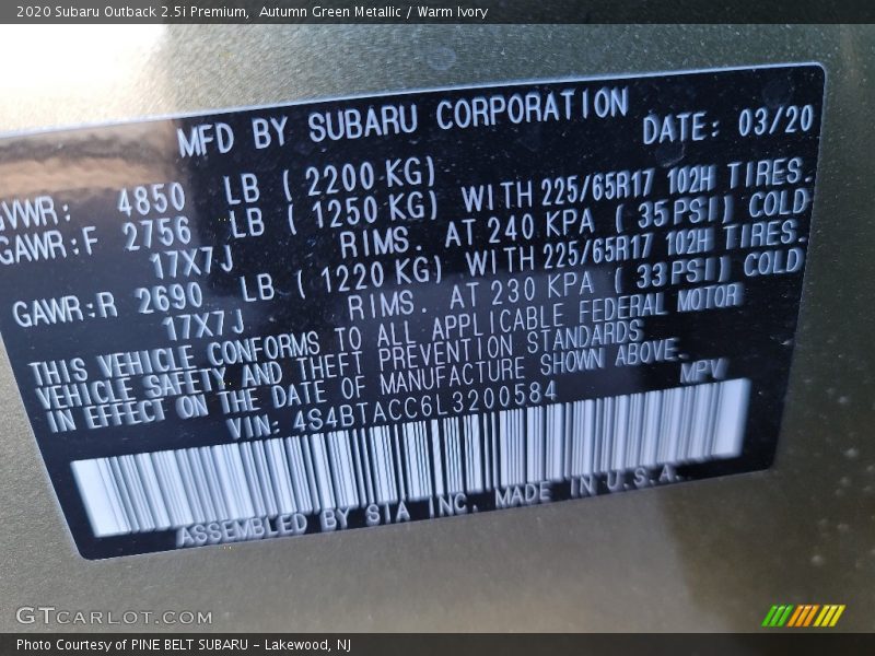 Autumn Green Metallic / Warm Ivory 2020 Subaru Outback 2.5i Premium