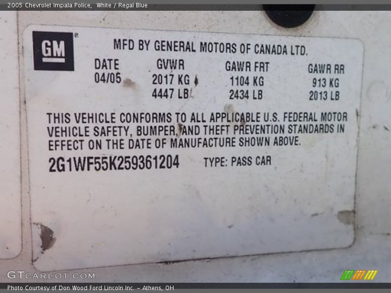 White / Regal Blue 2005 Chevrolet Impala Police