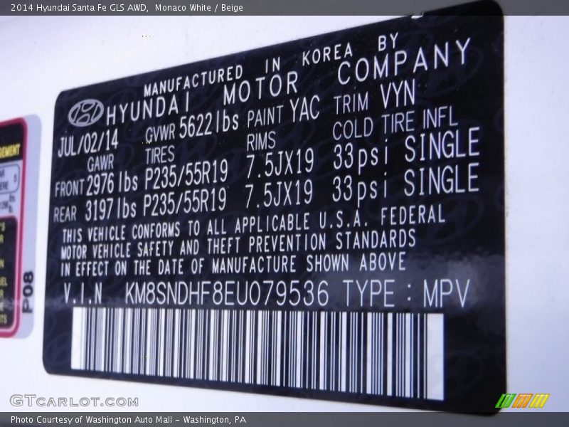 2014 Santa Fe GLS AWD Monaco White Color Code YAC