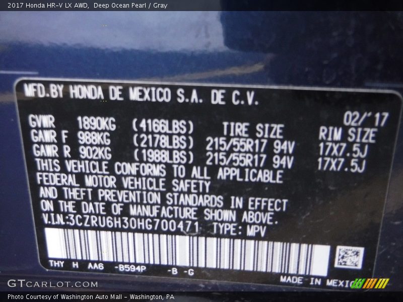 Deep Ocean Pearl / Gray 2017 Honda HR-V LX AWD