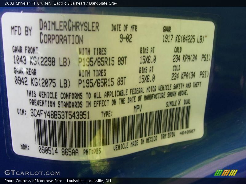 Electric Blue Pearl / Dark Slate Gray 2003 Chrysler PT Cruiser