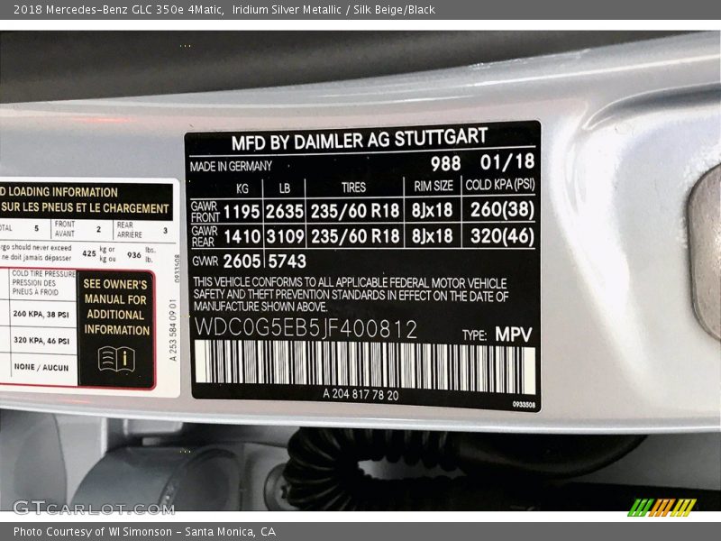 Iridium Silver Metallic / Silk Beige/Black 2018 Mercedes-Benz GLC 350e 4Matic