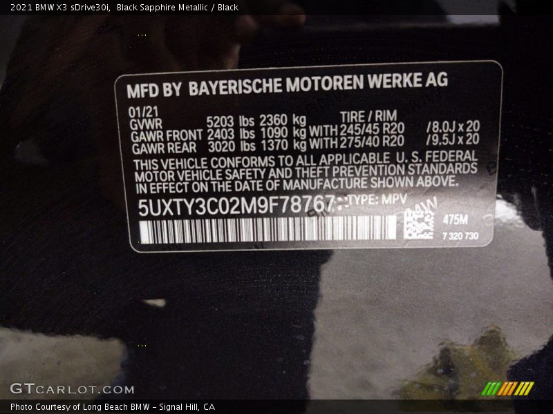 Black Sapphire Metallic / Black 2021 BMW X3 sDrive30i