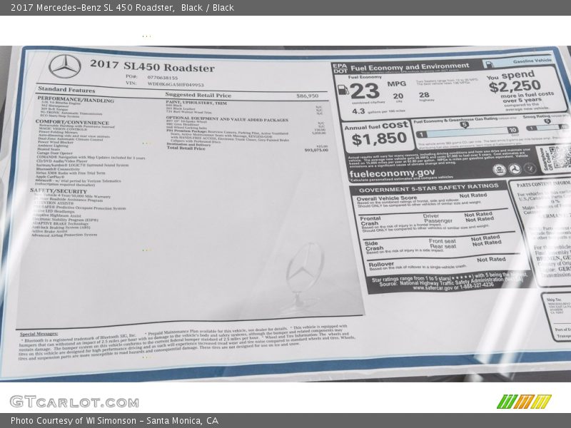  2017 SL 450 Roadster Window Sticker