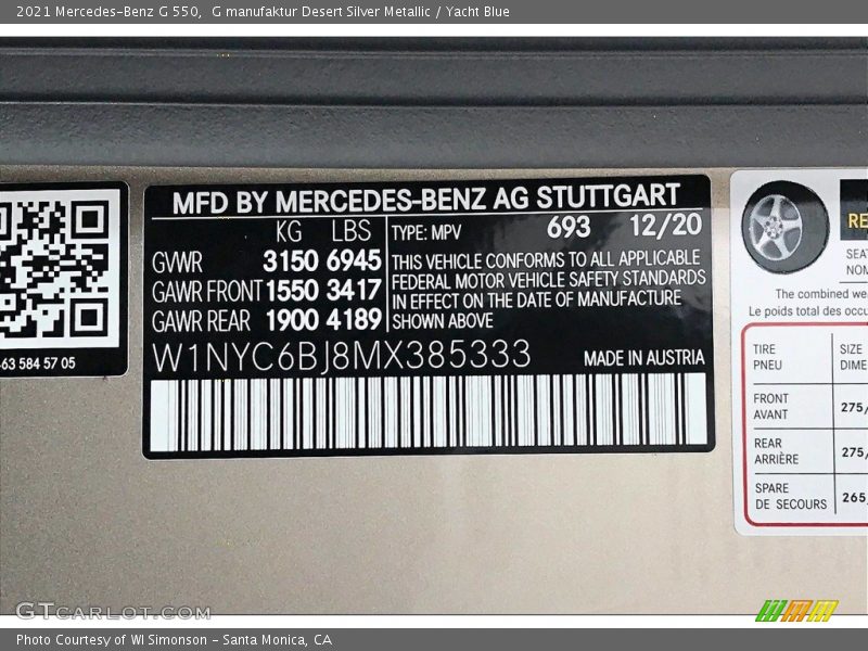 2021 G 550 G manufaktur Desert Silver Metallic Color Code 693