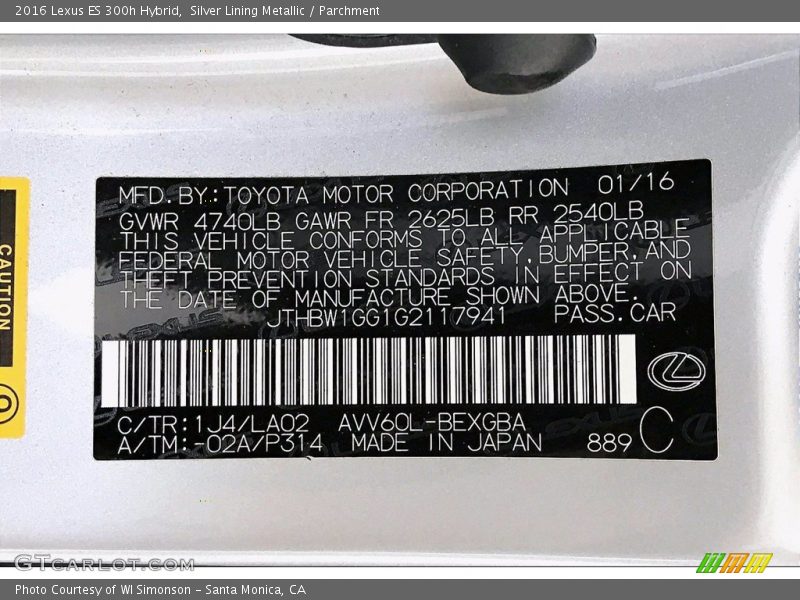 2016 ES 300h Hybrid Silver Lining Metallic Color Code 1J4