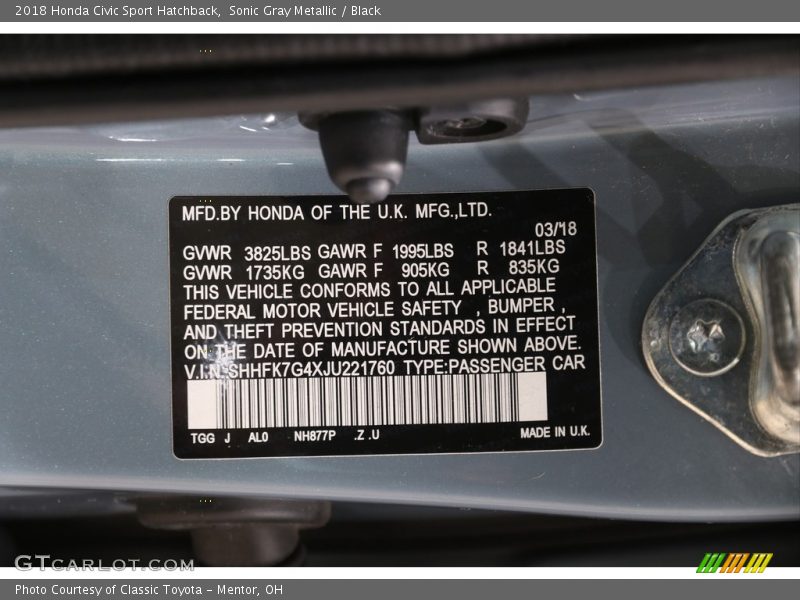 2018 Civic Sport Hatchback Sonic Gray Metallic Color Code NH877P