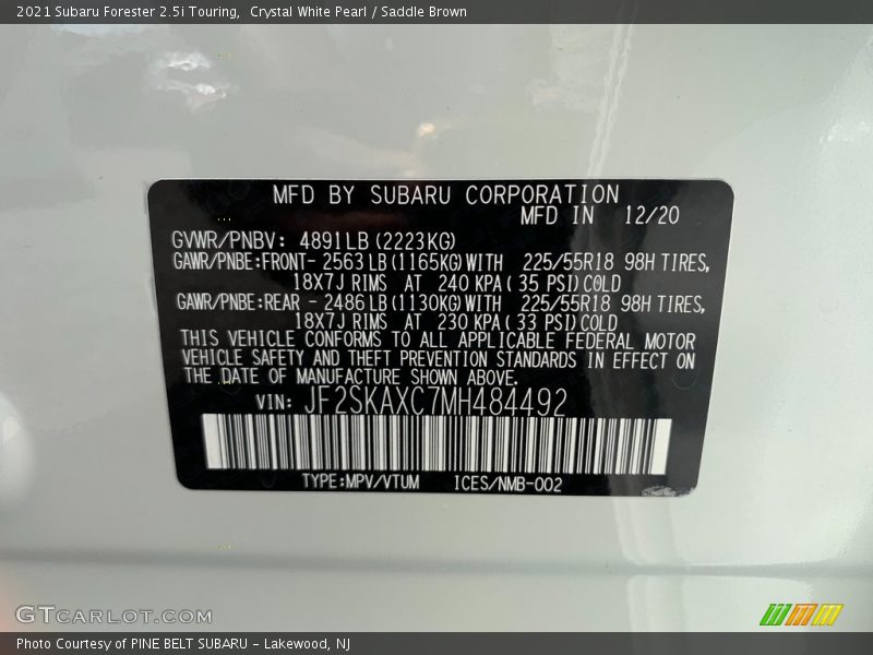 Crystal White Pearl / Saddle Brown 2021 Subaru Forester 2.5i Touring