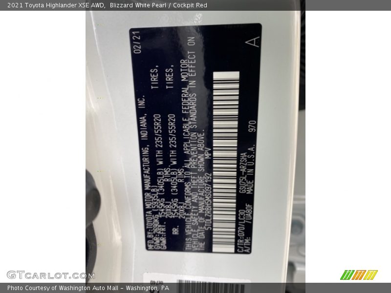Blizzard White Pearl / Cockpit Red 2021 Toyota Highlander XSE AWD