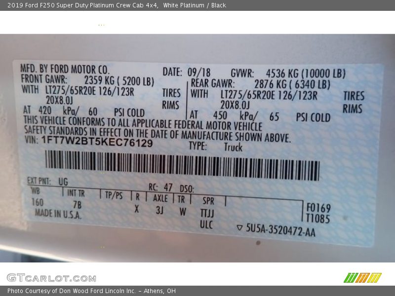 White Platinum / Black 2019 Ford F250 Super Duty Platinum Crew Cab 4x4