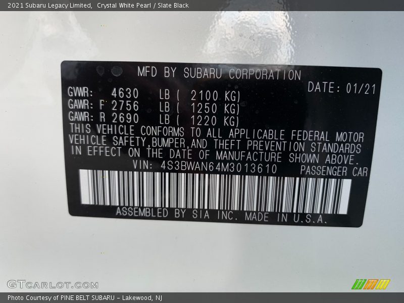 Crystal White Pearl / Slate Black 2021 Subaru Legacy Limited