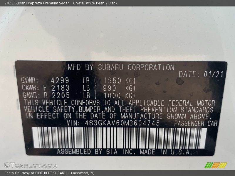 Crystal White Pearl / Black 2021 Subaru Impreza Premium Sedan