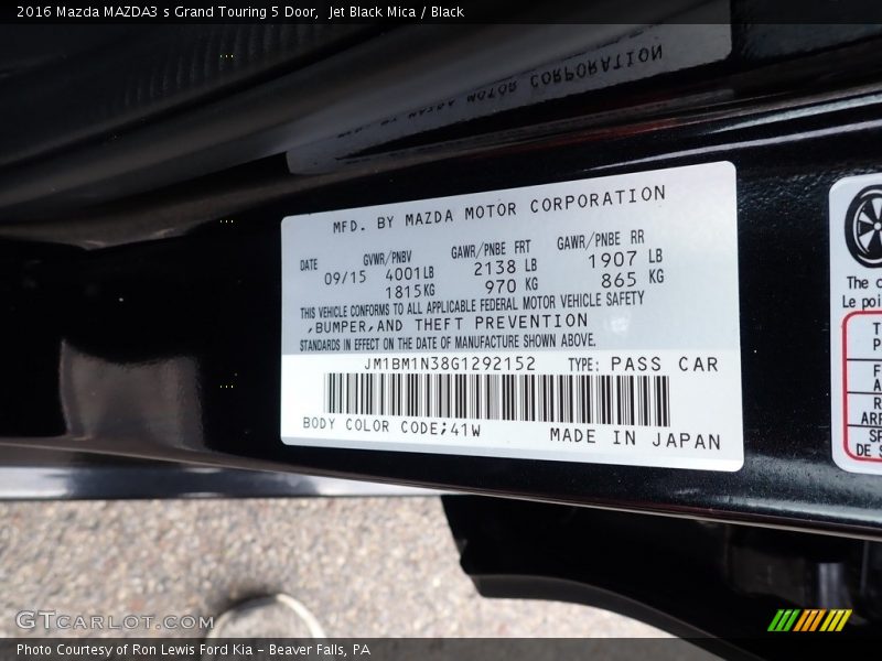 2016 MAZDA3 s Grand Touring 5 Door Jet Black Mica Color Code 41W