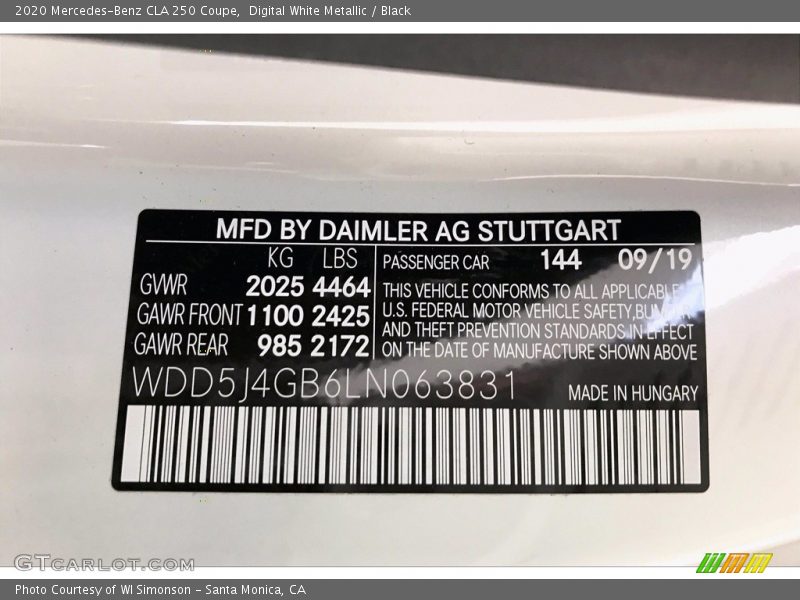 Digital White Metallic / Black 2020 Mercedes-Benz CLA 250 Coupe