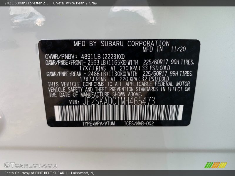 Crystal White Pearl / Gray 2021 Subaru Forester 2.5i