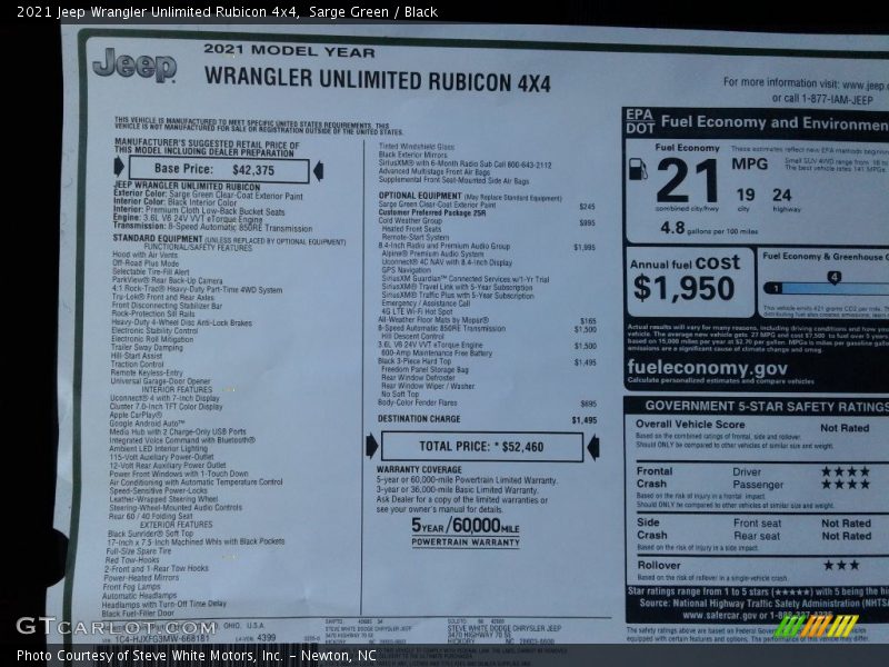  2021 Wrangler Unlimited Rubicon 4x4 Window Sticker