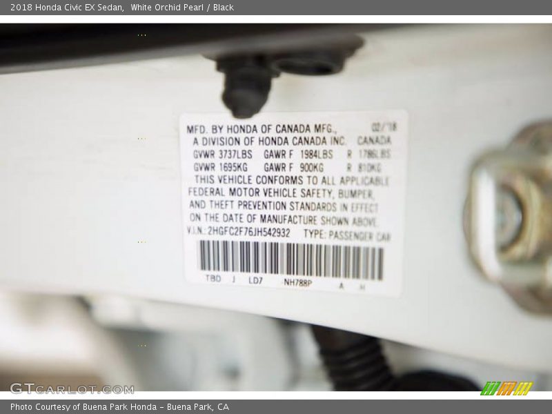 White Orchid Pearl / Black 2018 Honda Civic EX Sedan