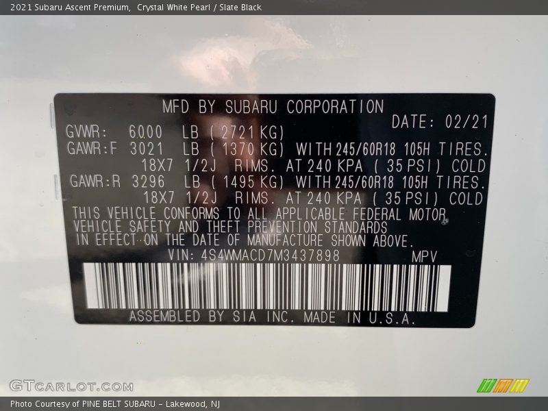 Crystal White Pearl / Slate Black 2021 Subaru Ascent Premium