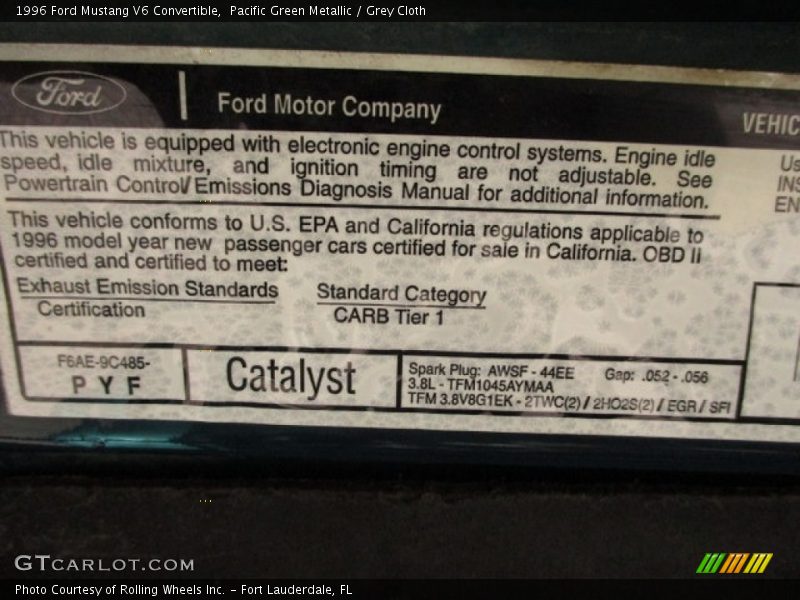 Pacific Green Metallic / Grey Cloth 1996 Ford Mustang V6 Convertible