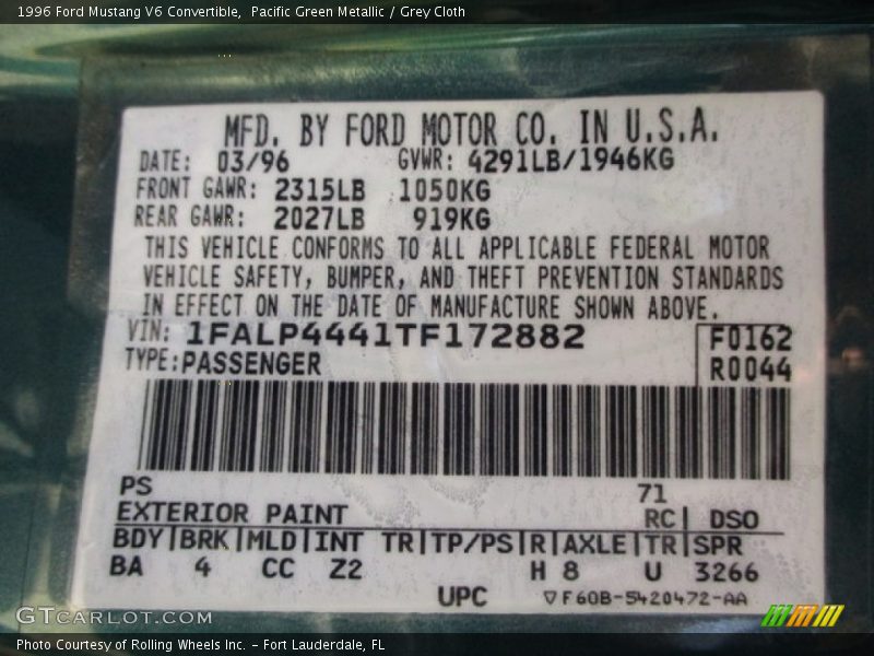 1996 Mustang V6 Convertible Pacific Green Metallic Color Code PS