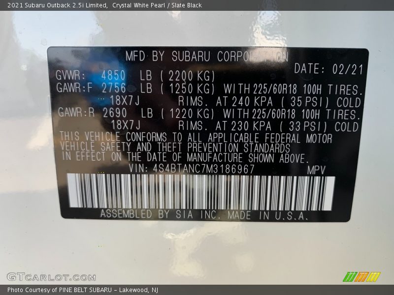 Crystal White Pearl / Slate Black 2021 Subaru Outback 2.5i Limited