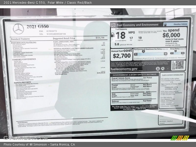  2021 G 550 Window Sticker