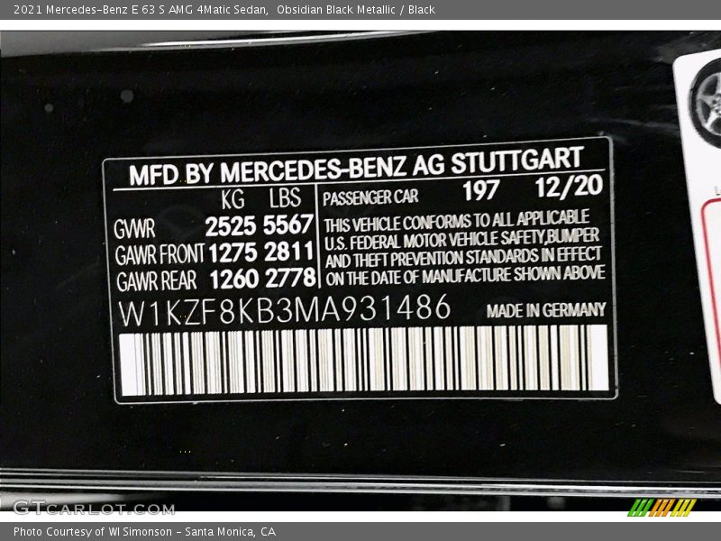 2021 E 63 S AMG 4Matic Sedan Obsidian Black Metallic Color Code 197