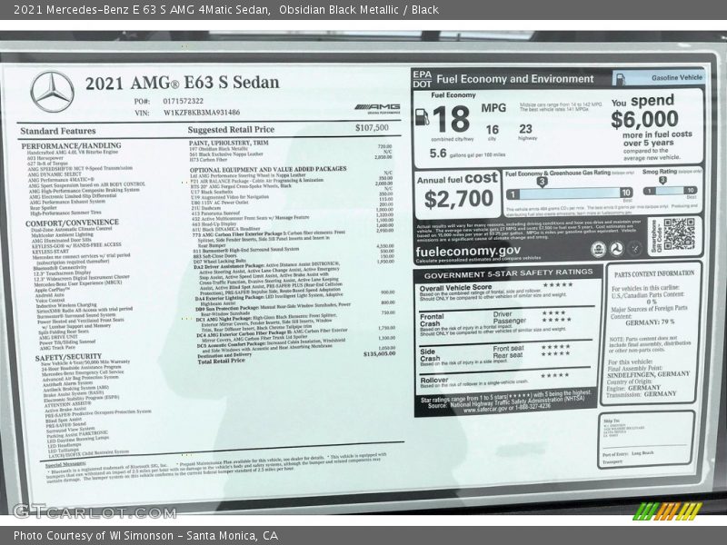  2021 E 63 S AMG 4Matic Sedan Window Sticker