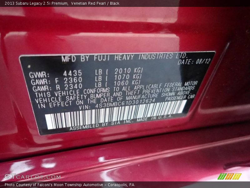 Venetian Red Pearl / Black 2013 Subaru Legacy 2.5i Premium