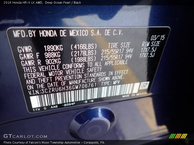 Deep Ocean Pearl / Black 2016 Honda HR-V LX AWD