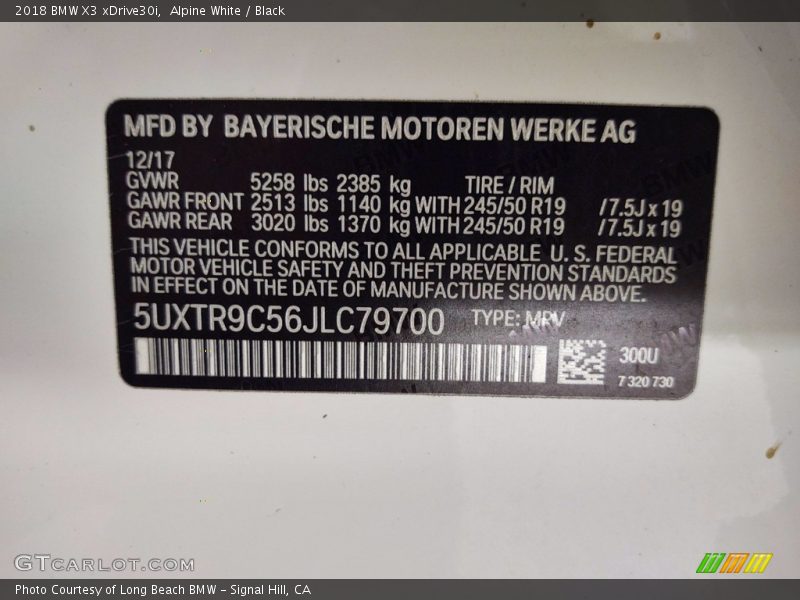 Alpine White / Black 2018 BMW X3 xDrive30i